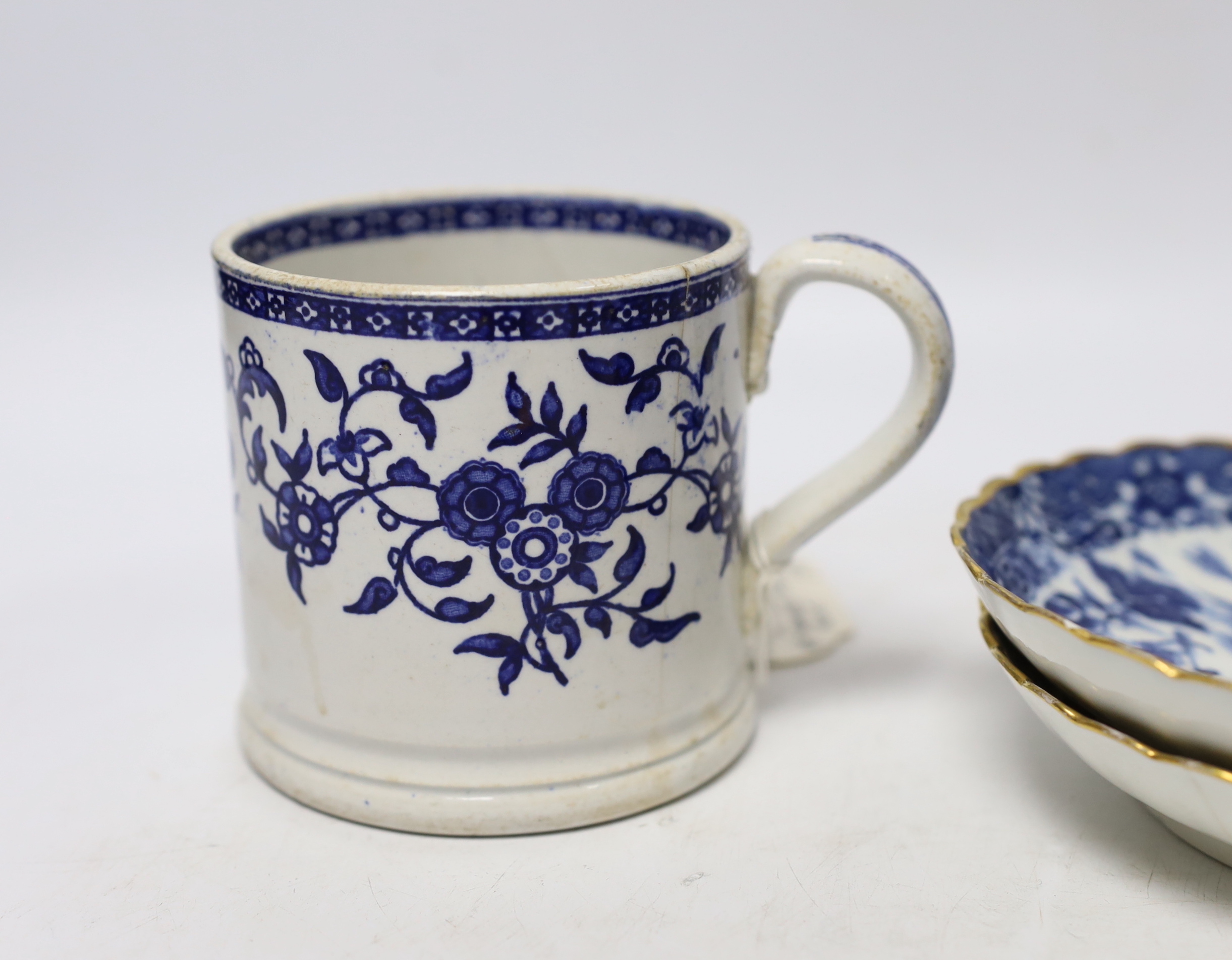 Liverpool, Seth Pennington and John Part, a Porter and Ferryman pattern coffee cup, c.1780, together with an early 19th century Pearlware blue and white mug and further blue and white wares (5)
